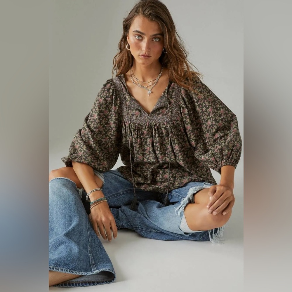 LUCKY BRAND Women’s Long Sleeve Mix Print Peasant Blouse-Black Multi-Size Small - Picture 10 of 12